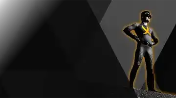 Изображение персонажа-супергероя в эффектной позе на темном фоне, рекламирующего бонус за пополнение от Bounty с драматичной и уверенной позой.